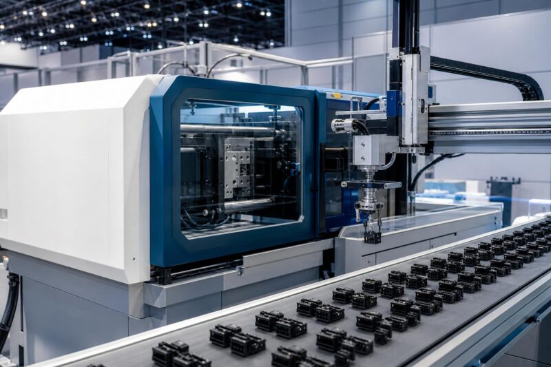 Eine vollelektrische Spritzgießmaschine mit einem Linearroboter, der Steckverbinder entnimmt, neben einem Förderband mit