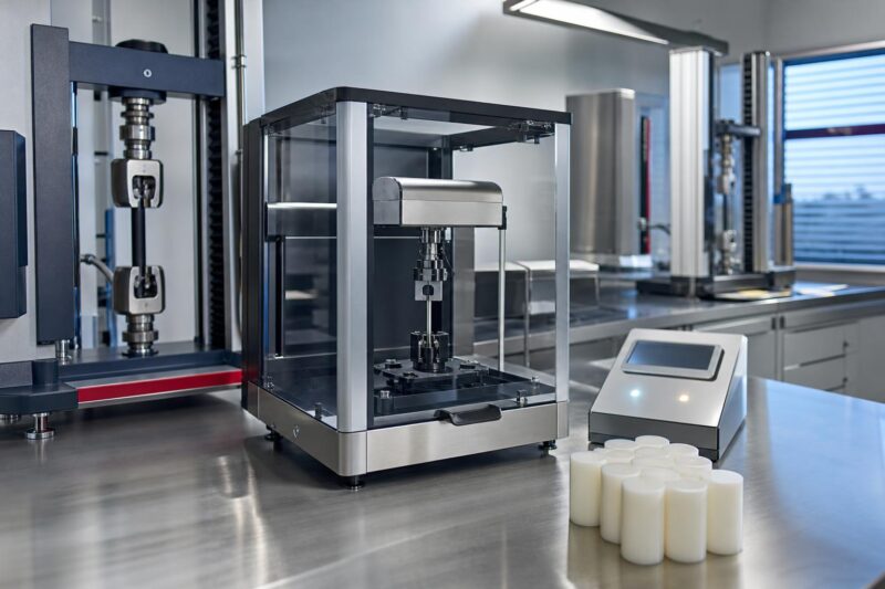 Ein automatisierter Werkstoffprüfstand mit Robotik führt Kunststoffproben in eine Zugprüfkuppel ein, umgeben von modernen