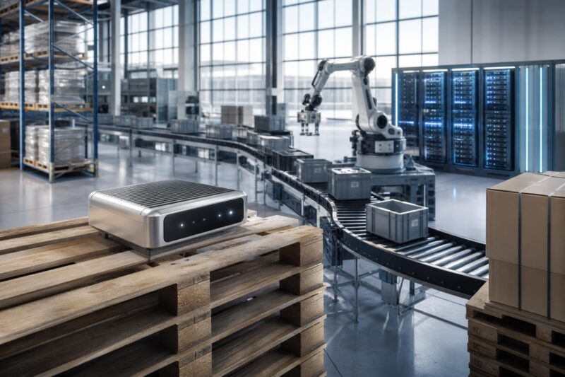 Futuristisches Logistikzentrum mit Roboterarm, Server-Rack und silbernem Gerät auf Paletten in Dresden.