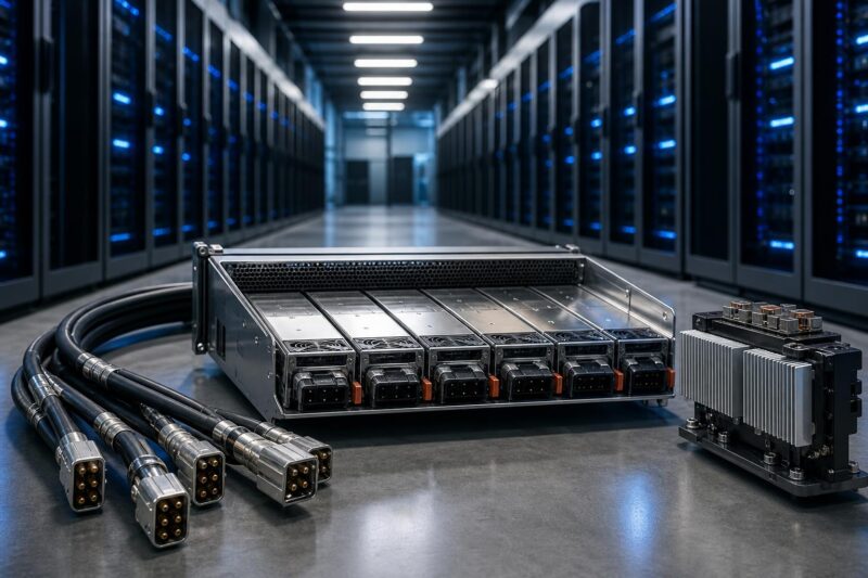 Ein offenes 3-RU-Power-Shelf mit glänzenden Netzteilen liegt neben einem 800-VDC-Kabelbündel und einem GaN-SiC-Wandler in