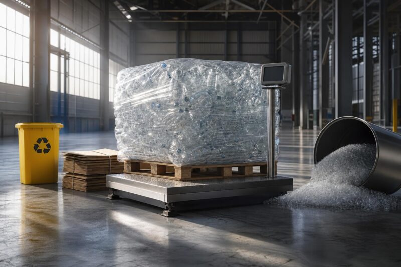 Eine Waage misst eine Palette mit transparenten Kunststoffflaschen in einer Fabrikhalle mit Recyclingbehälter und