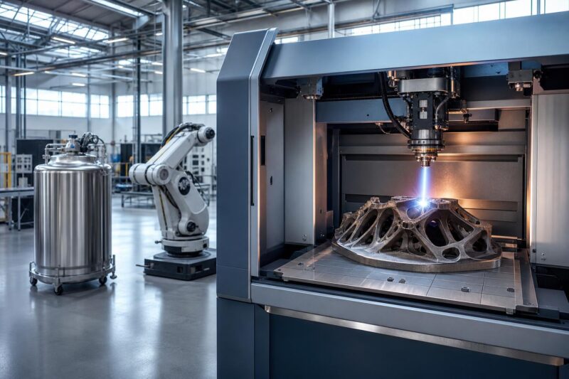 Ein geöffnetes Metall-3D-Drucksystem mit blauem Laserlicht, ein Industrieroboter und ein frisch gedrucktes Bauteil in einer