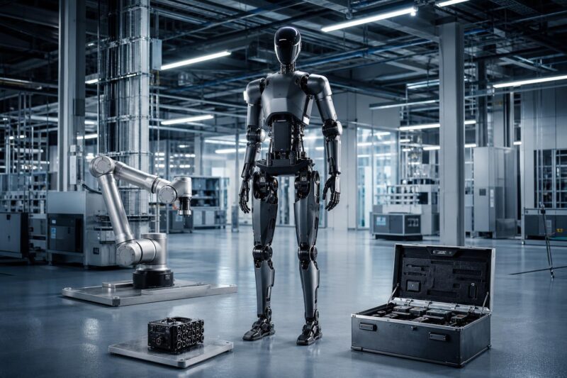 Ein menschenähnlicher Industrie-Roboter der Generation 4 steht in einer modernen Fertigungshalle neben einem kollaborativen