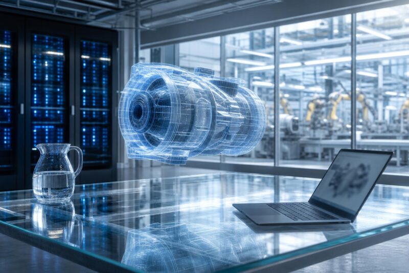 Ein halbtransparentes 3D-Modell schwebt über einem gläsernen Tisch in einem hellen Ingenieurlabor mit Server-Rack und