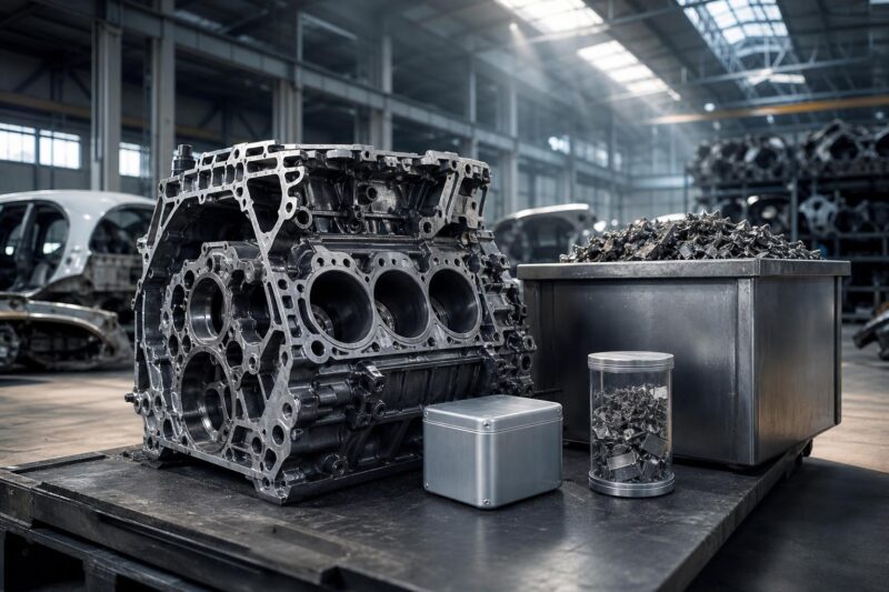 Ein Motorblock aus Aluminium steht neben einem Datenchip-Behälter und einem Metallproben-Behälter in einer hell erleuchteten